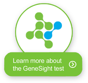 Button with GeneSight logo and text learn more about the GeneSight test